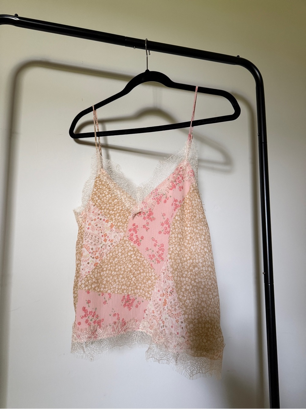 LOFT Pink and Tan Patchwork Lace Cami